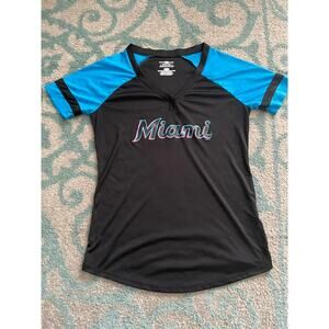 Miami Marlins Black Blue Ringer V-neck Women's M